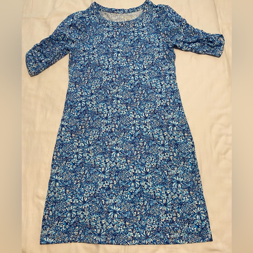 NEW Lilly Pulitzer Blue Floral Ruched Sleeve Dress Size M 100% Pima Cotton